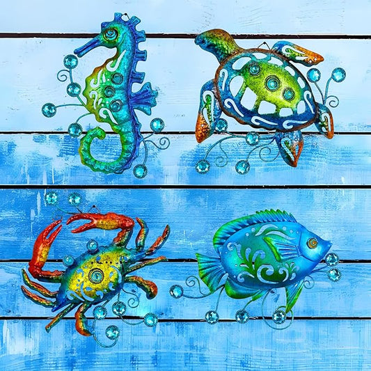 Metal Ocean Beach Theme Wall Decor Art, Set of 4 Sea Turtle Seahorse Crab Tropical Fish Indoor Bathroom Décor, 11 Inch Deep Blue Sea Wall Decoration, Metal Outdoor Christmas Decor Yard Art Christmas Decorations Gift