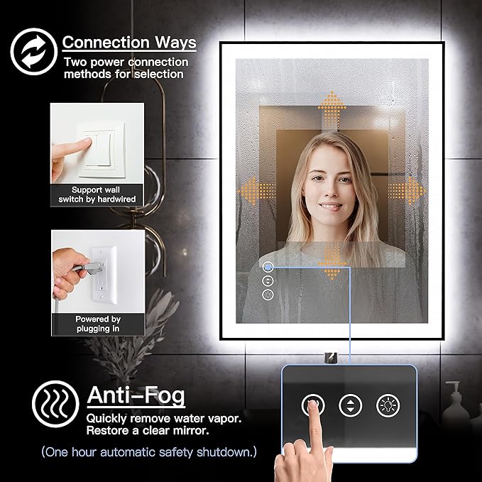 LED Bathroom Mirror 32x24 with Backlit and Front Lighted, Framed Dimmable Illuminated Mirror for Wall Anti-Fog Shatterproof (Horizontal/Vertical)…