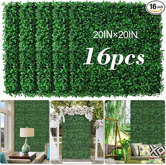 AOKIE 20"X20" Artificial Grass Wall, 16Pcs Boxwood Hedge Wall Panels UV-Anti Grass Backdrop Wall Decor, Greenery Privacy Hedge Screen for Indoor Outdoor Patio Balcony, Party Garden Fence Decor