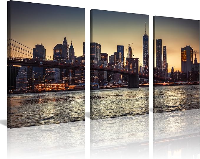 NAN Wind 3PCS New York City Skyline Canvas Wall Art Brooklyn Bridge at Sunset Golden Hour Manhattan Cityscape Pictures Canvas Artwork East River Reflection Modern Urban Home Decor Living Room Office