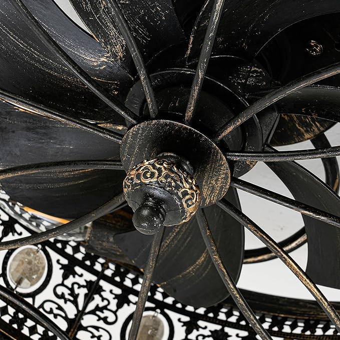 Caged Ceiling Fans with Lights,Vintage Victorian Rustic Crystal Fandelier,Low Profile Flush Mount,Small Enclosed Bladeless Ceiling Fan with Light for Bedroom,Kitchen,Living Room,Dining Room