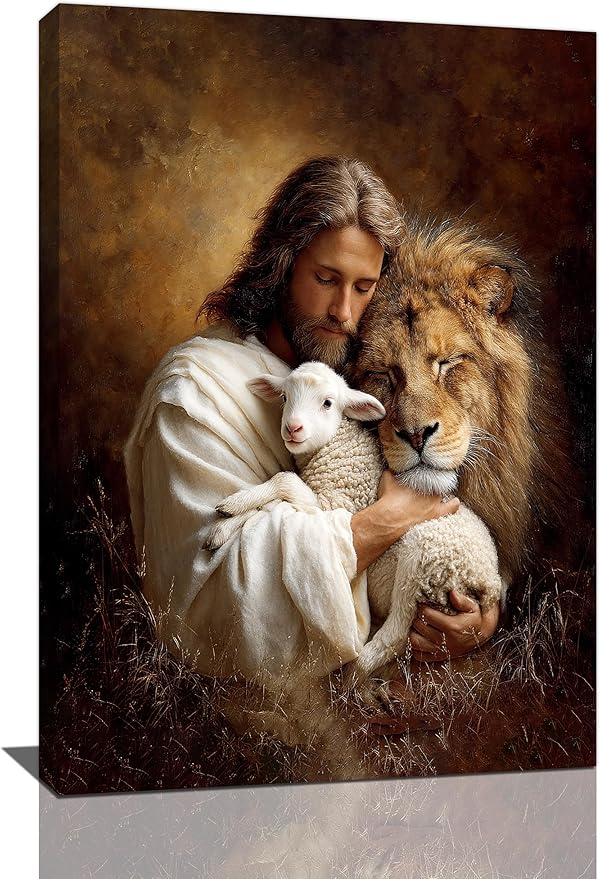 Jesus Lion Lamb Wall Art Christian Jesus Wall Decor Lion of Judah Pictures Religious God Canvas Painting Print Christ Artwork Decoration for Living Room Bedroom Church Framed Gifts 16”X24”