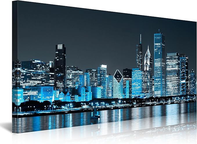 NAN Wind Modern Office Decor Chicago Skyline Canvas Art Chicago City Center Skyline Canvas Prints Cityscape Wall Decorations Blue Wall Decor for Living Room Pictures for Bedroom Decorations