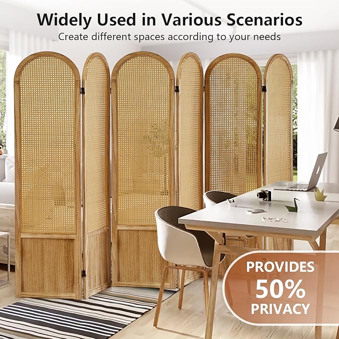 6 Panels Room Divider, Folding Privacy Screen, Foldable Wood Rattan Room Divider Panel, Portable Partition Screen Wall Divider for Room Separation Bedroom Home Office Garden Terrace (Natural)