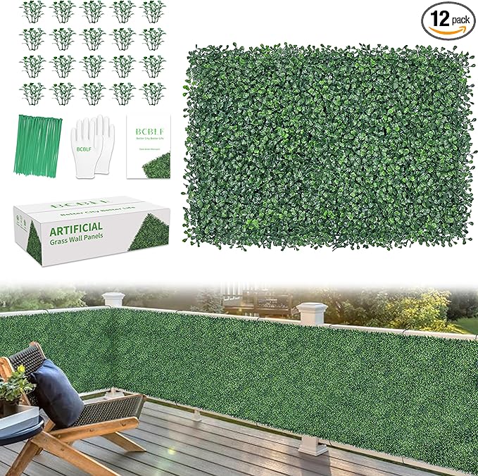 16x24Inch 12Pcs Grass Wall Panels, 4 Layers UV-Anti Boxwood Greenery Hedge with 50 Zip Ties, No Odor Artificial Fake Grass Backdrop Indoor Outdoor Privacy, Birthday Wedding Decor, 32 SQ FT