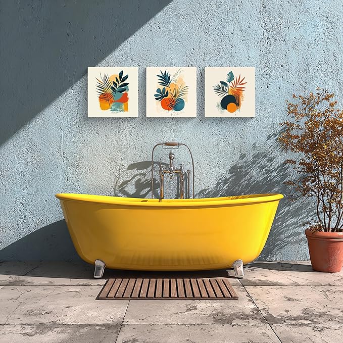 NAN Wind 3Pcs Tropical Leaf Wall Art Palm Frond and Foliage Canvas Print with Bold Orange Teal Yellow Shapes Mid-Century Modern Botanical Plant Pictures for Boho Living Room Bedroom Office Wall Decor