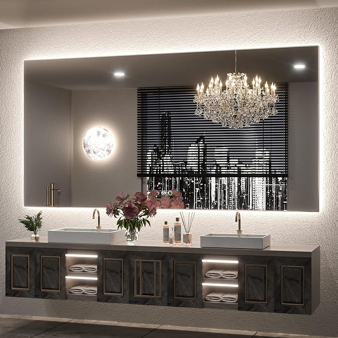 Keonjinn 72 x 36 Inch LED Bathroom Mirror with Lights, Backlit Mirror 3 Colors Warm/Natural/White Lights High Lumens 10218LM,Wall Mounted Anti-Fog Dimmable Lighted Vanity Mirror(Vertical/Horizontal)