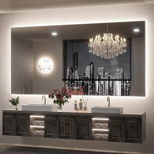 Keonjinn 72 x 36 Inch LED Bathroom Mirror with Lights, Backlit Mirror 3 Colors Warm/Natural/White Lights High Lumens 10218LM,Wall Mounted Anti-Fog Dimmable Lighted Vanity Mirror(Vertical/Horizontal)