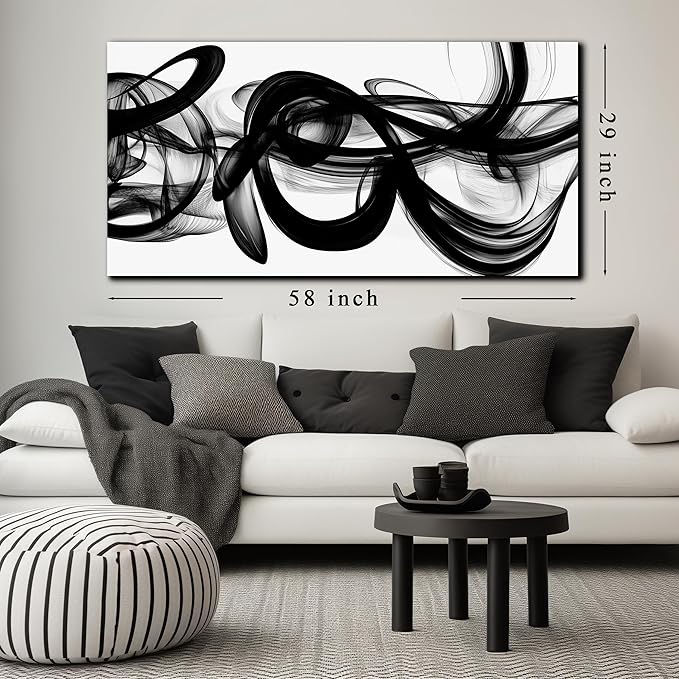 Abstract Canvas Wall Art for Living Large Size,Black and White Pictures for Wall.Black Home Office Wall Decor Ready to Hang 29 x 58 Inch