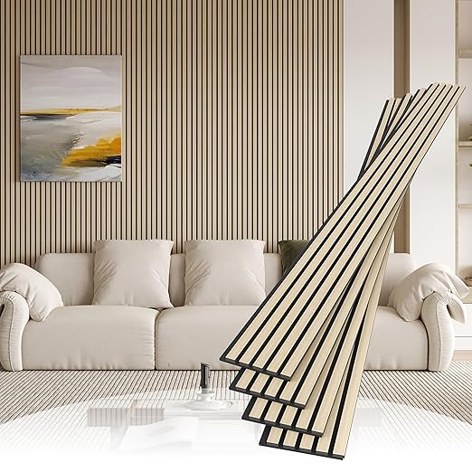 4 Pack Wood Slat Wall Wood Paneling,95 x 8 in Soundpoof Wooden Engineered Wooden Slat Wall Panels,Stylish Acoustic Wall Panels for Interior Walls Decor with Felt Backing,Natural