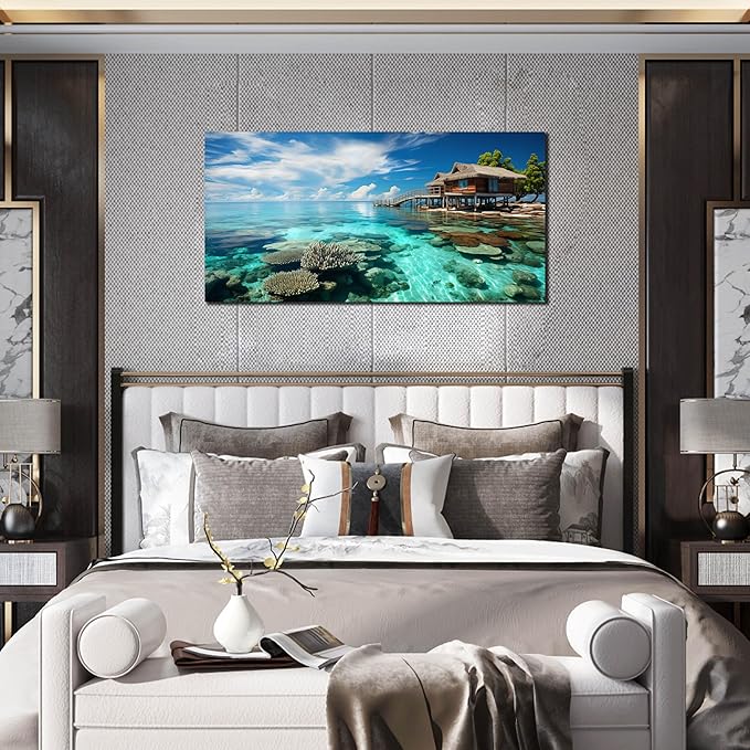 Ocean Scenic Canvas Wall Art, Blue Seascape Wall-Decor Picture , Ocean Scenery Canvas Decoration, Coastal Landscape Print Decorative Artwork for Home living Room Bedroom and Office, Size 40x20 Inches