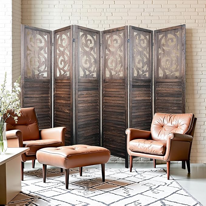 2 PCS Room Dividers 6 Panel Room Divider 5.6FT Wood Carved Room Dividers, Folding Privacy Screens Portable Freestanding Partition Wall Dividers for Bedroom, Office, Rustic Brown