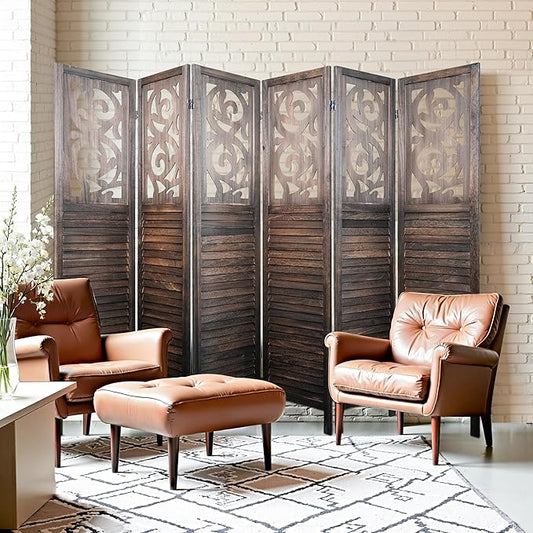 2 PCS Room Dividers 6 Panel Room Divider 5.6FT Wood Carved Room Dividers, Folding Privacy Screens Portable Freestanding Partition Wall Dividers for Bedroom, Office, Rustic Brown