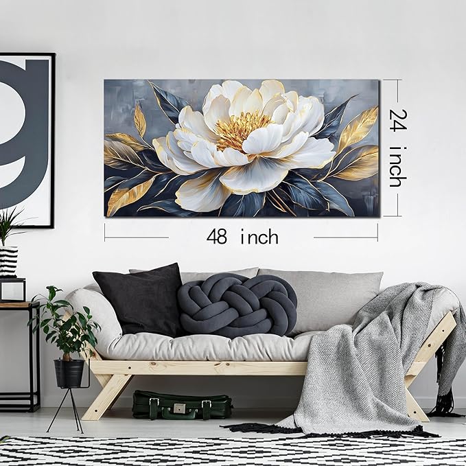 AOZEMI White Flowers Wall Art for Living Room Floral Beautiful Picture Gold Canvas Art Nature Wall Decor Bedroom 24"x 48"