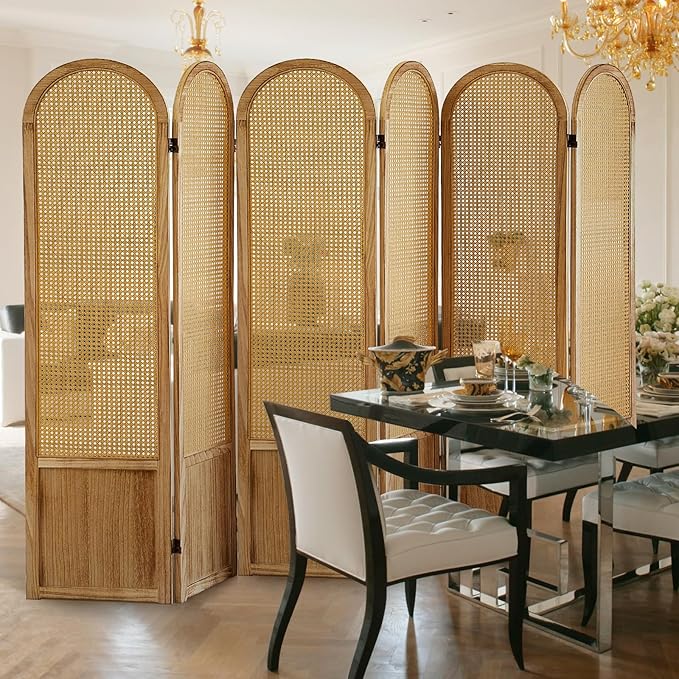 6 Panel Room Dividers and Folding Privacy Screens, Hand-Made Rattan Room Divider with Bi-Directional Hinge, Pre-Assembled Wood Room Divider Wall for Home Office Bedroom, Light Brown