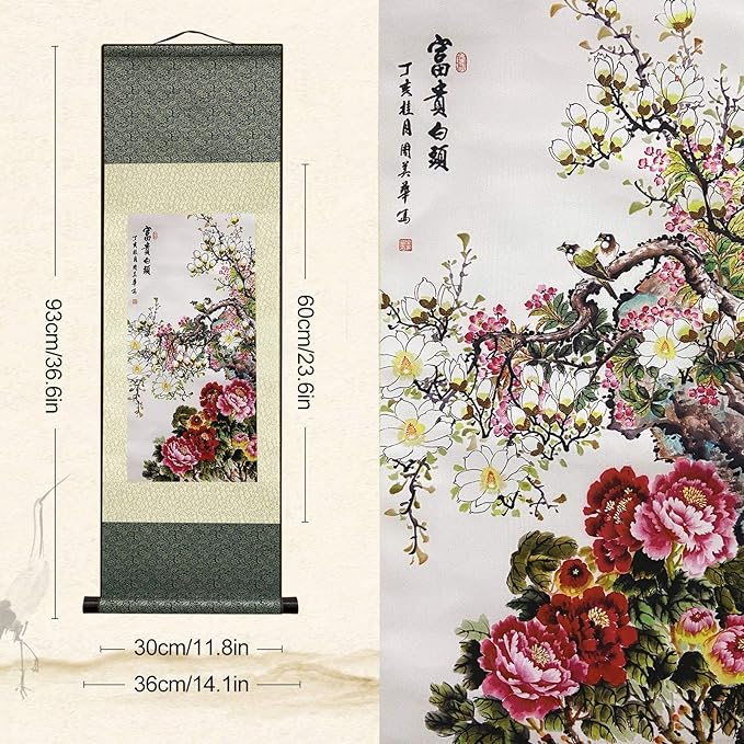 AtfArt Asian Wall Decor Beautiful Silk Scroll Painting Flowers - Rich and noble - Rich White Head Oriental Decor Chinese Art Wall Scroll Wall Hanging Painting Scroll (36.2x 12 in)