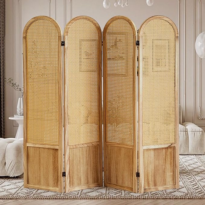 4 Panel Rattan Room Divier, Room Divider Panel and Folding Privacy Screens, Room Divider Wall, Solid Wood Frame, Partition Room Dividers, Bedroom, Dining Room, Lounge, Light Brown