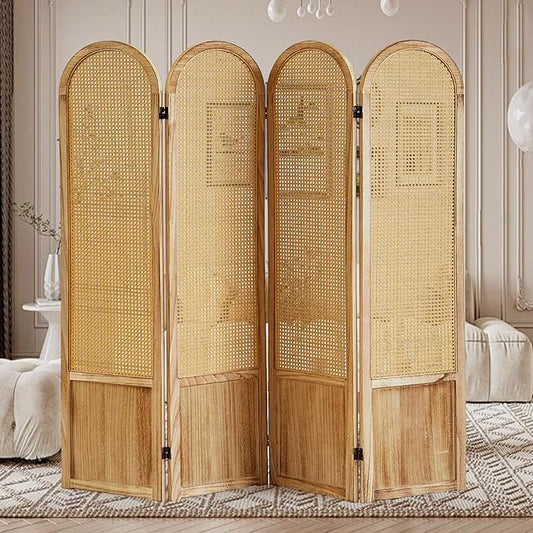4 Panel Rattan Room Divier, Room Divider Panel and Folding Privacy Screens, Room Divider Wall, Solid Wood Frame, Partition Room Dividers, Bedroom, Dining Room, Lounge, Light Brown