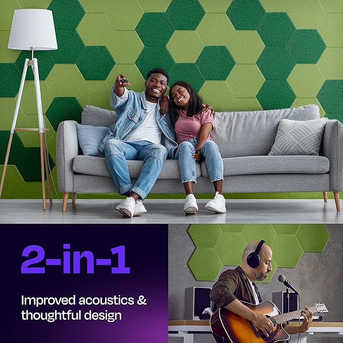 Acoustic Panels 12-Pack - 12"X10.4"X0.4" Soundproof Wall Panels - High Density Sound Dampening - Gin Green Hexagon