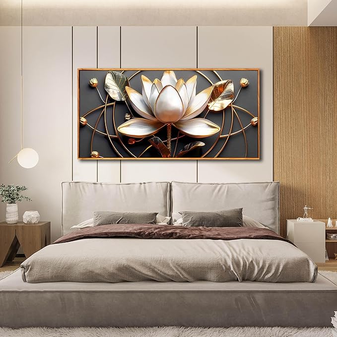 Lotus Flower Wall Art for Living Room, Floral Canvas Wall Decor for Bedroom, Black White and Gold Picture Print, Large Size 59 x 29 Inches Framed