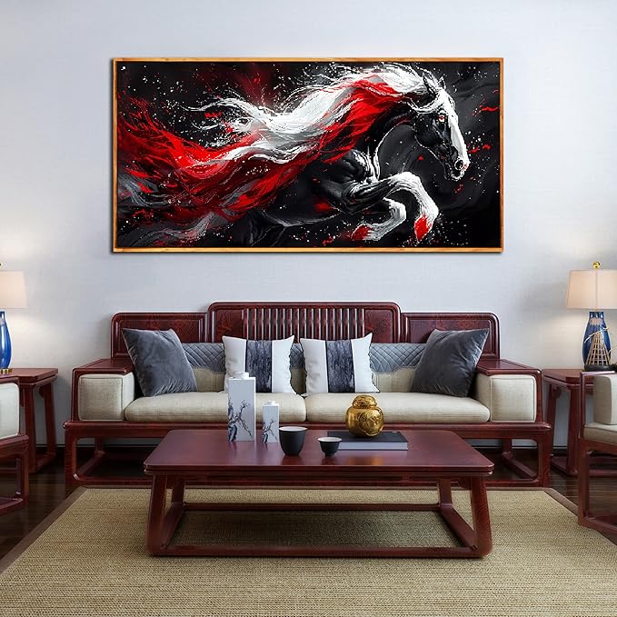 Ouzzlie Horse Wall Art Red Wall Decor Living Room Animal Pictures Black White Wall Decorations for Living Room 29" x 59"