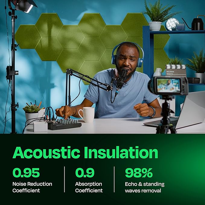 Acoustic Panels 12-Pack - 12"X10.4"X0.4" Soundproof Wall Panels - High Density Sound Dampening - Gin Green Hexagon