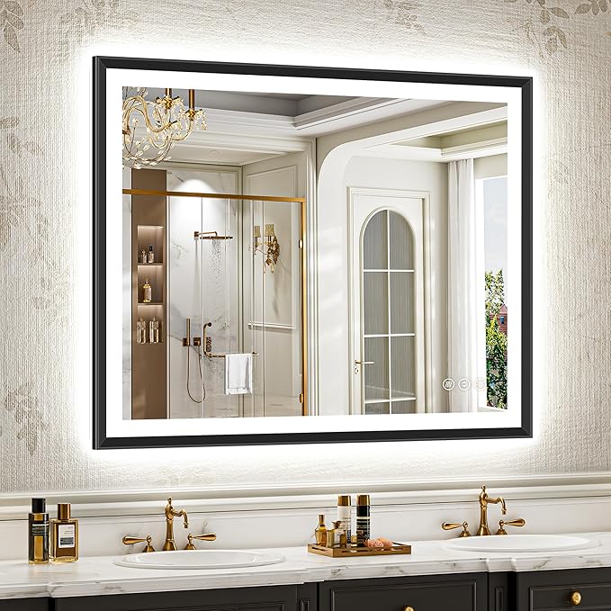 48x38 Black Framed Led Bathroom Mirror with Lights, Front Lit and Backlit, Lighted Vanity Mirror for Bathroom Wall, Anti-Fog, Dimmable, 3 Colors, Memory, HD Tempered Glass