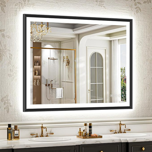 48x38 Black Framed Led Bathroom Mirror with Lights, Front Lit and Backlit, Lighted Vanity Mirror for Bathroom Wall, Anti-Fog, Dimmable, 3 Colors, Memory, HD Tempered Glass