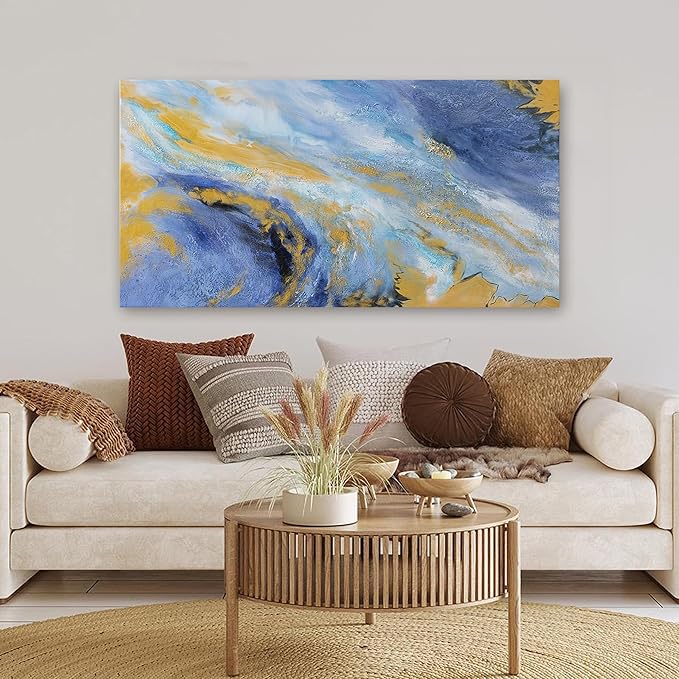 Canvas Wall Art Decor Large Blue Gold Wall Art Prints Modern Abstract Wall Art for Living Room Art Work for Wall Decor Azure - Gold Fluid Symphony Artwork for Walls Home Office Decor 24" X 48"