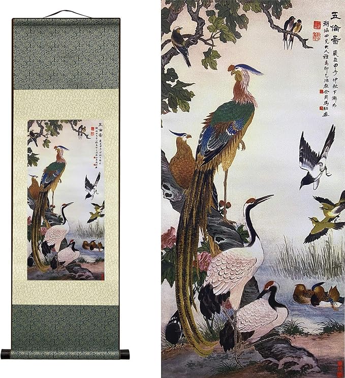 AtfArt Asian Wall Decor Beautiful Silk Scroll Painting Birds - Wulun Diagram Oriental Decor Chinese Art Wall Scroll Wall Hanging Painting Scroll (36.2 x 12 in)