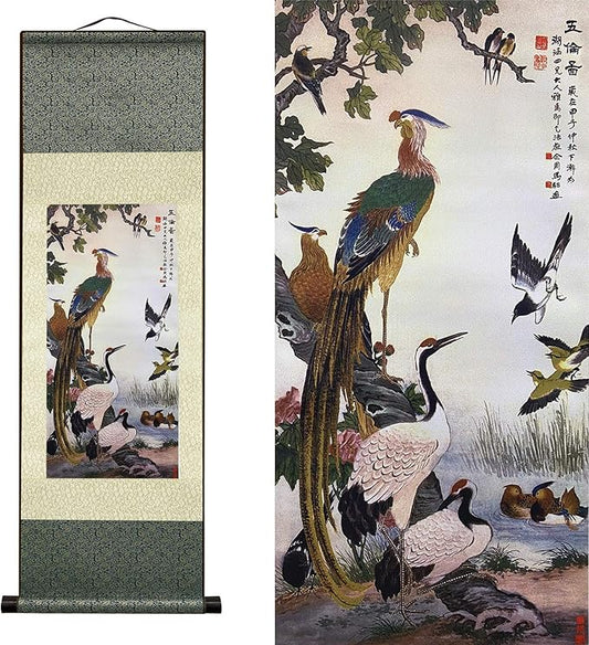 AtfArt Asian Wall Decor Beautiful Silk Scroll Painting Birds - Wulun Diagram Oriental Decor Chinese Art Wall Scroll Wall Hanging Painting Scroll (36.2 x 12 in)