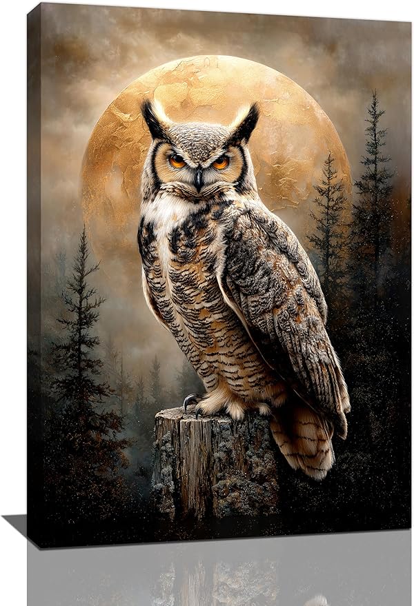 Cabin Owl Wall Art Moon and Forest Canvas Wall Decor Rustic Animal Pictures Paintings Prints Mystical Wildlife Artwork Framed Decorations For Bathroom Bedroom Living Room Office Gifts 16" x 24"