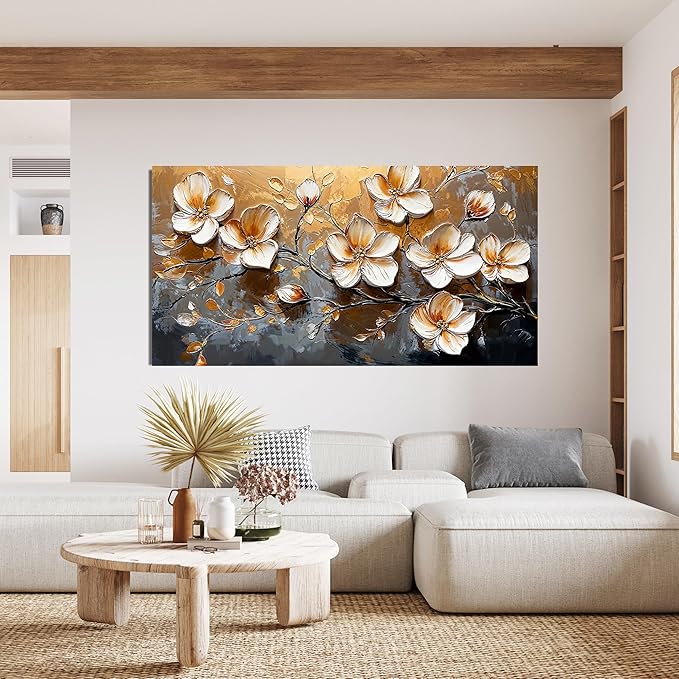 Canvas Wall Art Decor Large Wall Art Pictures for Living Room Canvas Art Wall Decor Large Artwork for Walls Vintage Floral Wall Art Decor White Gold Wall Art Prints for Home Office Wall Decor 29"X58"