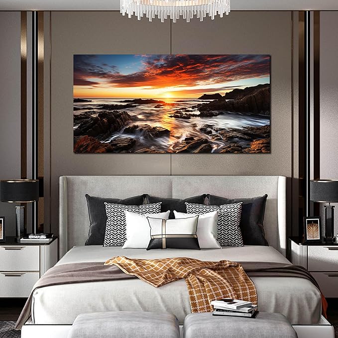 Large Natural Landscape Canvas Wall Art for Living Room, View of Ocean Sunset Panorama Wall-Decor Picture, Coastal Rock Shoreline Sky Canvas Art Piece Print Artwork for Office Bedroom 59x29 Inches