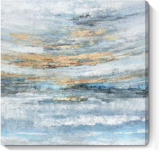 Nicetop Bathroom Wall Art Abstract Canvas Art Print Modern Blue Ocean Picture Small Coastal Sunset & Sunrise Artwork for Sea Lake Themed Home Bedroom Décor 13.3x13.3inch