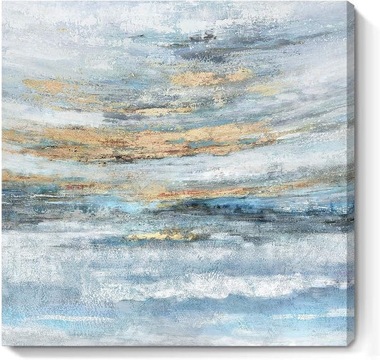Nicetop Bathroom Wall Art Abstract Canvas Art Print Modern Blue Ocean Picture Small Coastal Sunset & Sunrise Artwork for Sea Lake Themed Home Bedroom Décor 13.3x13.3inch