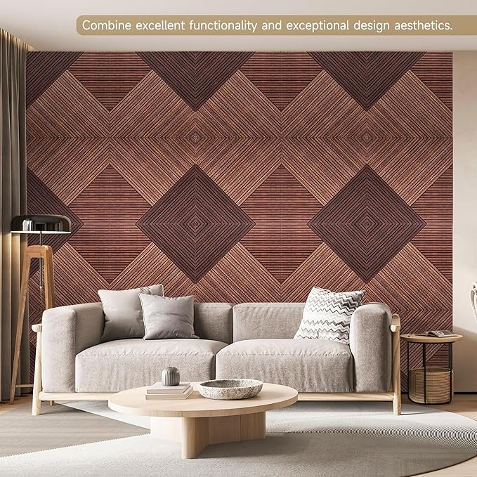 Acoustic Wall Panels,6 Pack Total Size 72 x 48 Inches,Self-Adhesive Decorative Acoustic Panels for Wall and ceiling,3D UV Printing with Wood Look,Red Sandalwood