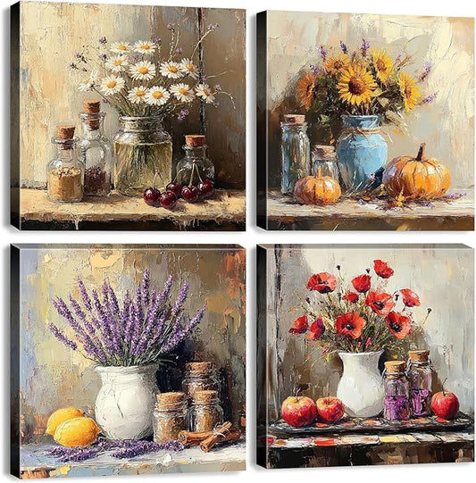 Colorful Flower Canvas Wall Art Farmhouse Country Floral Picture Canvas Prints Artwork for Living Room Bedroom Home Decorations Rustic Kitchen Wall Fruits Wildflower Poster Modern Artwork 16x16" 4 Pcs
