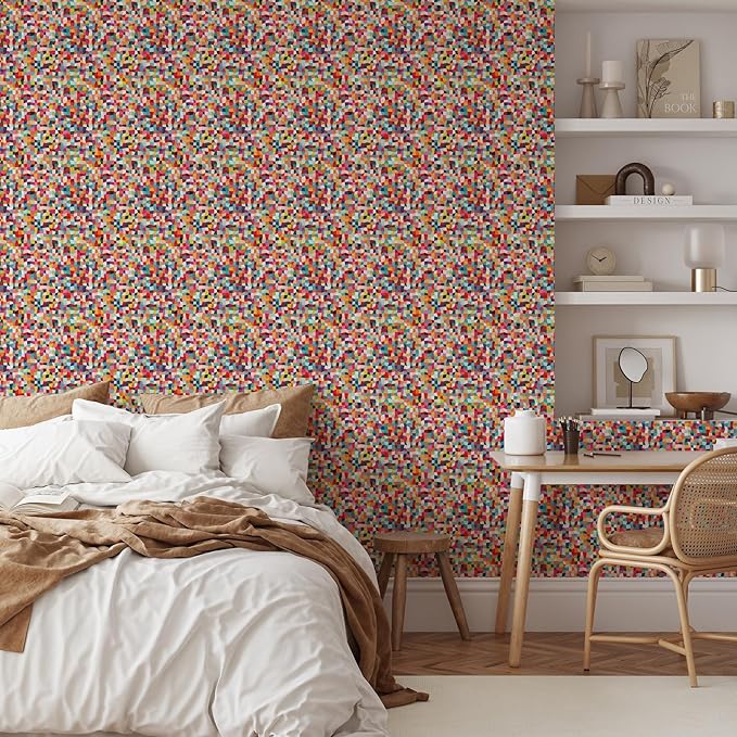 Bright Color Squares Wallpaper | Removable Self Adhesive Abstract Geometrical Wallpaper | Colorful Peel and Stick Wallpaper (1 roll 24" W x 48" H)