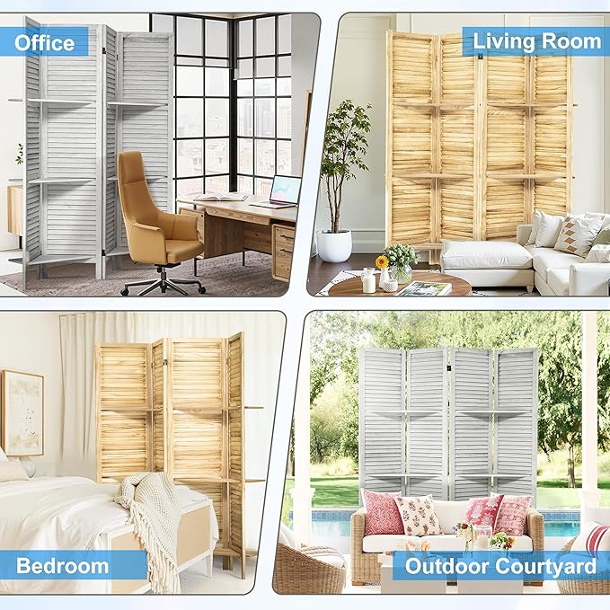 4 Panel Room Divider 5.6FT Louvered Design Room Dividers with Display Shelves Folding Privacy Screens Portable Freestanding Partition Wall Dividers for Bedroom & Office, Retro White