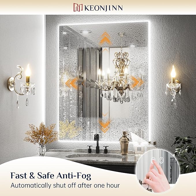 Keonjinn 30 x 36 Inch LED Mirror for Bathroom, Backlit Vanity Mirrors with Dimmable 3-Color Lights, Warm/Natural/White, High Lumen, Anti-Fog, Shatterproof Tempered Glass, CR90+(Vertical/Horizontal)