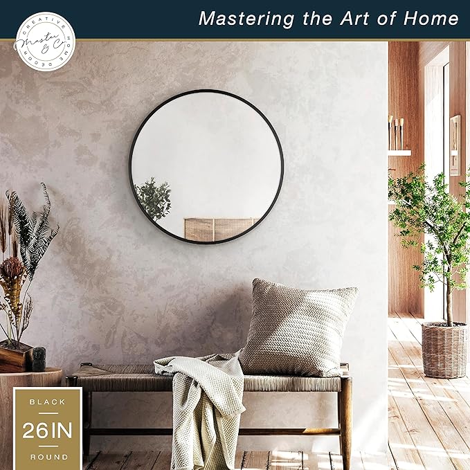 MCS Master & Co. 26in Round Metal Black Mirror, Modern Wall Hanging Large Mirror for Bathroom, Bedroom & Livingroom