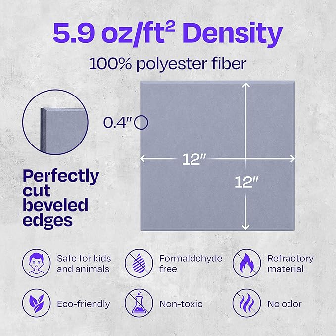 Acoustic Panels 12-Pack - 12"X12"X0.4" Sound Panels - High Density Sound Dampening - Dusky Gray Square