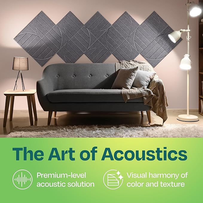 Acoustic Panels 12-Pack Soundproof Wall Panels 12"x12"x0.4" Decorative Sound Dampening for Your Home, Office, Studio, Bedroom & More with Unique ModuArc Carving [Pebble Gray]
