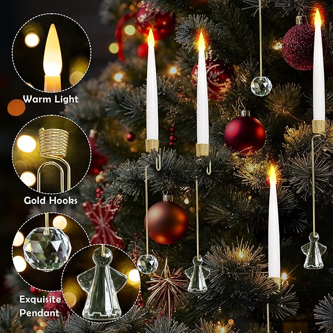 Christmas Tree Candles, 10 Pack Flameless Taper Candles for Christmas Tree Decor, Fake LED Candle Battery Operated with Remote for Xmas Wedding Home Gift with Crystal Ball Angel Hook