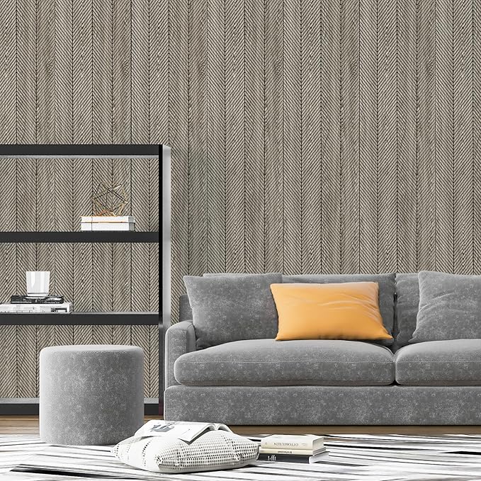 Art3d 4-Pack Glue-On Herringbone Wainscoting Panel for Interior Wall Decor - 104 x 12 Inch Polystyrene Ultralight Slim Slat Wall Panels for Living Room Bedroom, Ashtree
