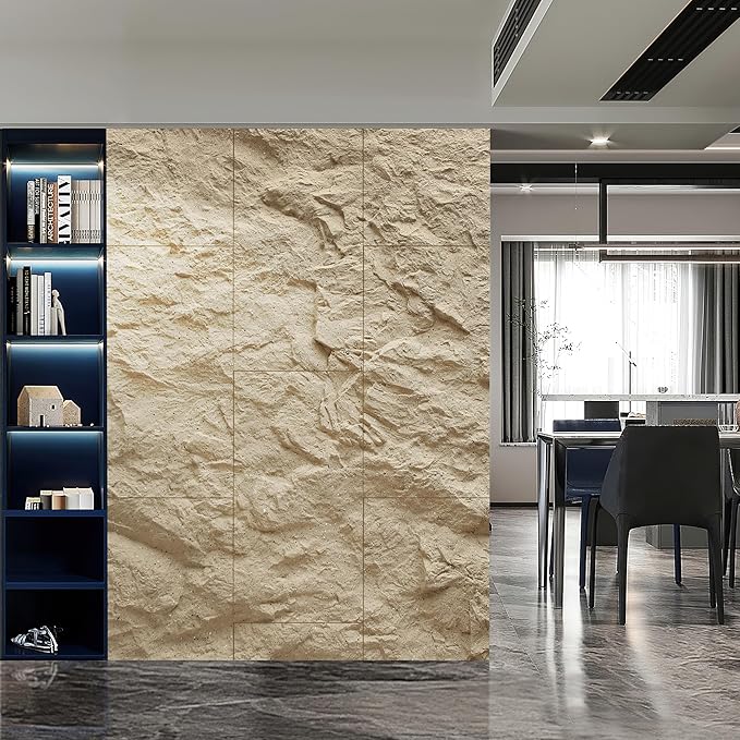 KASARO 3D Faux Stone Wall Panels, 4 PCS PU Wainscoting Panel for Interior Wall Decor, Cement Texture Thicker Accent for Home, Office, 43.3 × 23.6 inch, Golden Hemp
