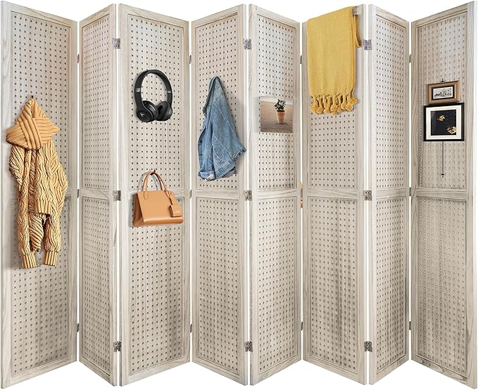 2 PCS Room Dividers 8 Panel Pegboard Display 5.6FT Wood PegBoard Room Divider,Folding Privacy Screens Portable Freestanding Partition Wall Divider for Art Shows & Room Separation, Natural Wood