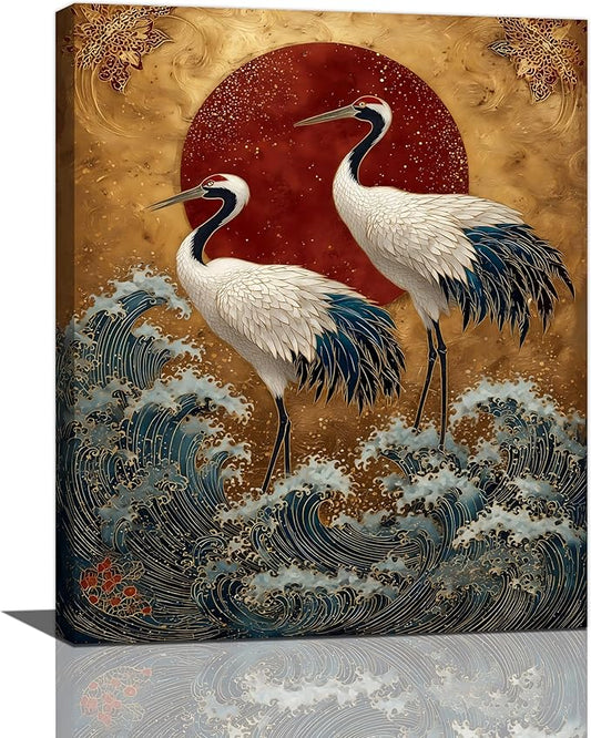 Japanese Crane Wall Art Gold Oriental Asian Wall Decor Sandhill Crane Canvas Pictures Paintings Prints Japan Traditional Aesthetic Artwork Framed Chinese Decorations For Bedroom Living Room Office Gifts 16" x 20"