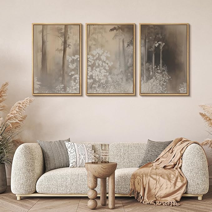 MUDECOR Framed Wall Art Print Set Neutral Forest Landscape Beige and Gray Watercolor Illustrations Realism Decorative for Living Room, Bedroom, Office - 16"x24"x3 Natural